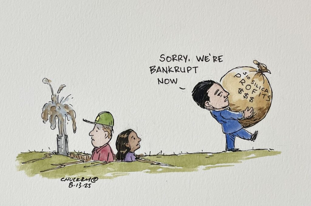 2025 08 13 Chuckry cartoon showing Calgary Frac Sand Miner, Sio Silica, walking with huge bag of profits while walking from clean up, as raping corporations always do, leaving devastation behind including contaminated aquifers and families sunk in subsidence