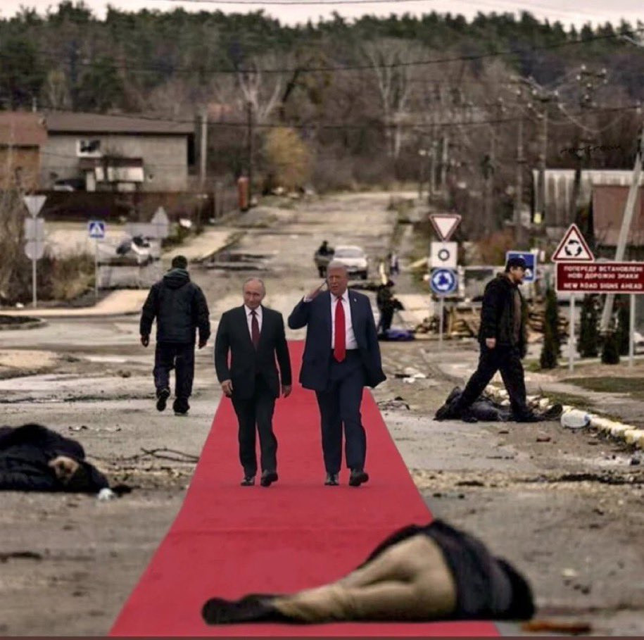 A photo montage showing real photo of Putin and Trump walking the red carpet in Alaska, with Trump saluting but the background has been changed to a photo of Russia's slaughter of Ukrainians, with one dead on the red carpet