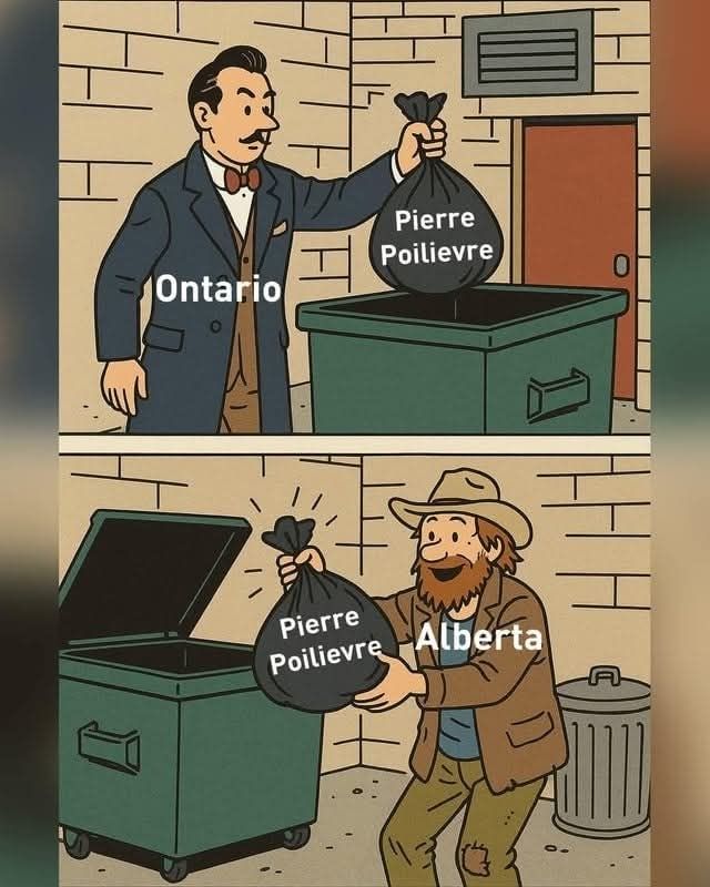 cartoon showing a man with a moustache in suit and bow tie throwing a black garbage bag with "Pierre Poilievre" on it into a green metal bin in the upper portion. The lower portion shows a bag man in cowboy hat, messy brown beard, and patched trousers taking that trash bag with Pierre Poilievre on it out of the bin.