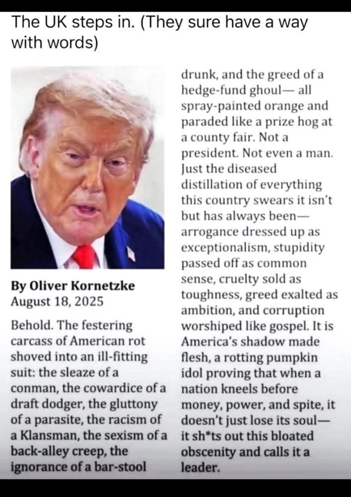A photo of a puffy unhealthy looking orange Trump, with this text: By Oliver Kornetzke August 18, 2025 Behold. The festering carcass of American rot shoved into an ill-fitting suit: the sleaze of a conman, the cowardice of a draft dodger, the gluttony of a parasite, the racism of a Klansman, the sexism of a back-alley creep, the ignorance of a bar-stool drunk, and the greed of a hedge-fund ghoul- all spray-painted orange and paraded like a prize hog at a county fair. Not a president. Not even a man. Just the diseased distillation of everything this country swears it isn't but has always been- arrogance dressed up as exceptionalism, stupidity passed off as common sense, cruelty sold as toughness, greed exalted as ambition, and corruption worshiped like gospel. It is America's shadow made flesh, a rotting pumpkin idol proving that when a nation kneels before money, power, and spite, it doesn't just lose its soul- it sh*ts out this bloated obscenity and calls it a leader.
