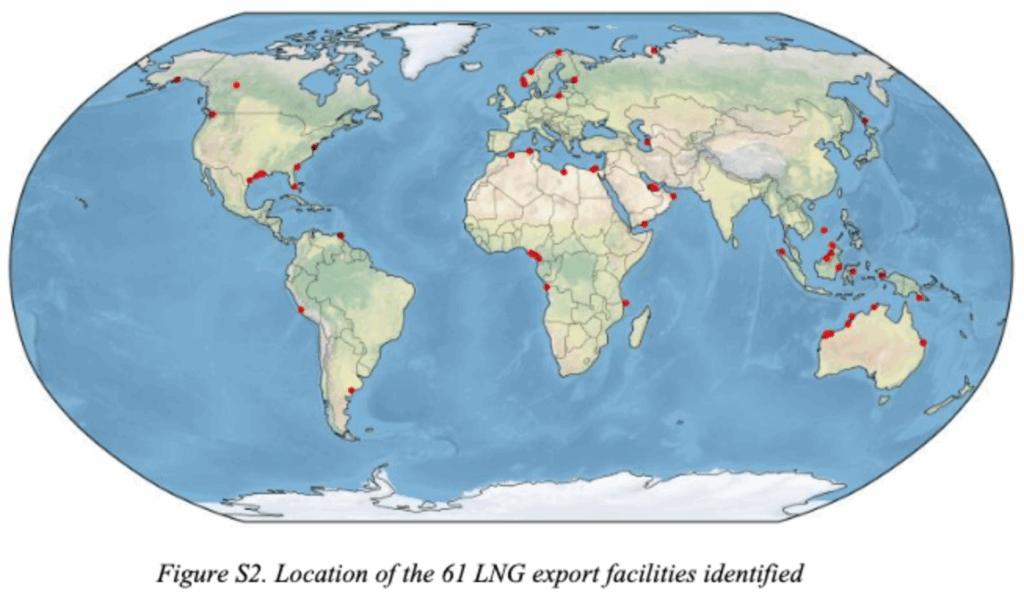 Map of the world with red dots showing the 61 LNG export facilities globally identified in the study: "Analysis of Flaring Activity at Liquefied Natural Gas (LNG) Export Facilities Worldwide"
