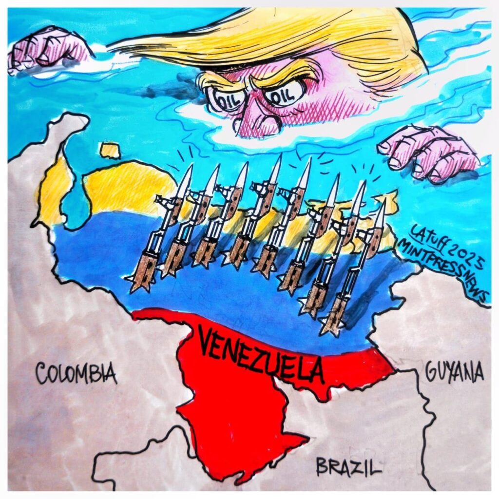 2025 10 14 Carlos Latuff cartoon of Trump wanting Venezuela's oil, shows map of the country protecting herself, and her neighbours, with Trump under water, painted face, with "OIL" in his eyes