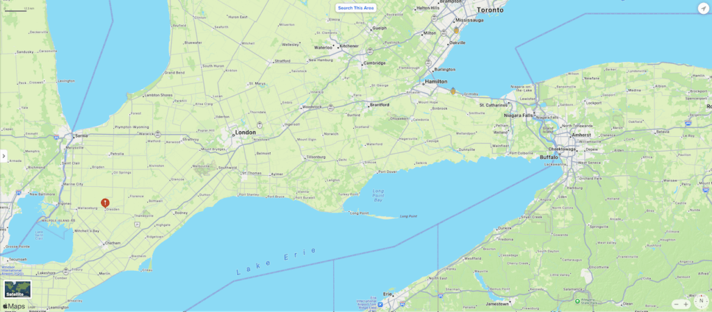 Map of a portion of southern Ontario showing Dresden (red dot) in relation to Toronto where York1 wants to haul toxic waste from