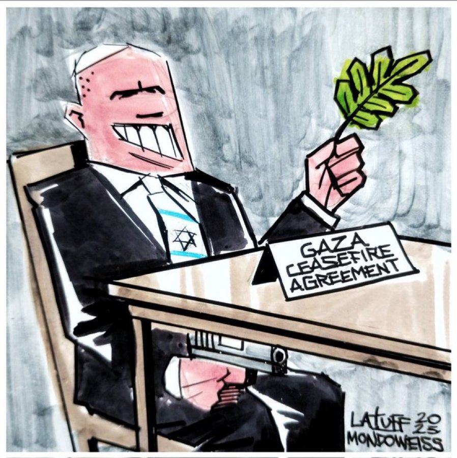 Cartoon by Latuff showing israeli with peace above table, gun beneath it ready to kill. The table has a sign on it which says "Gaza Ceasefire Agreement"