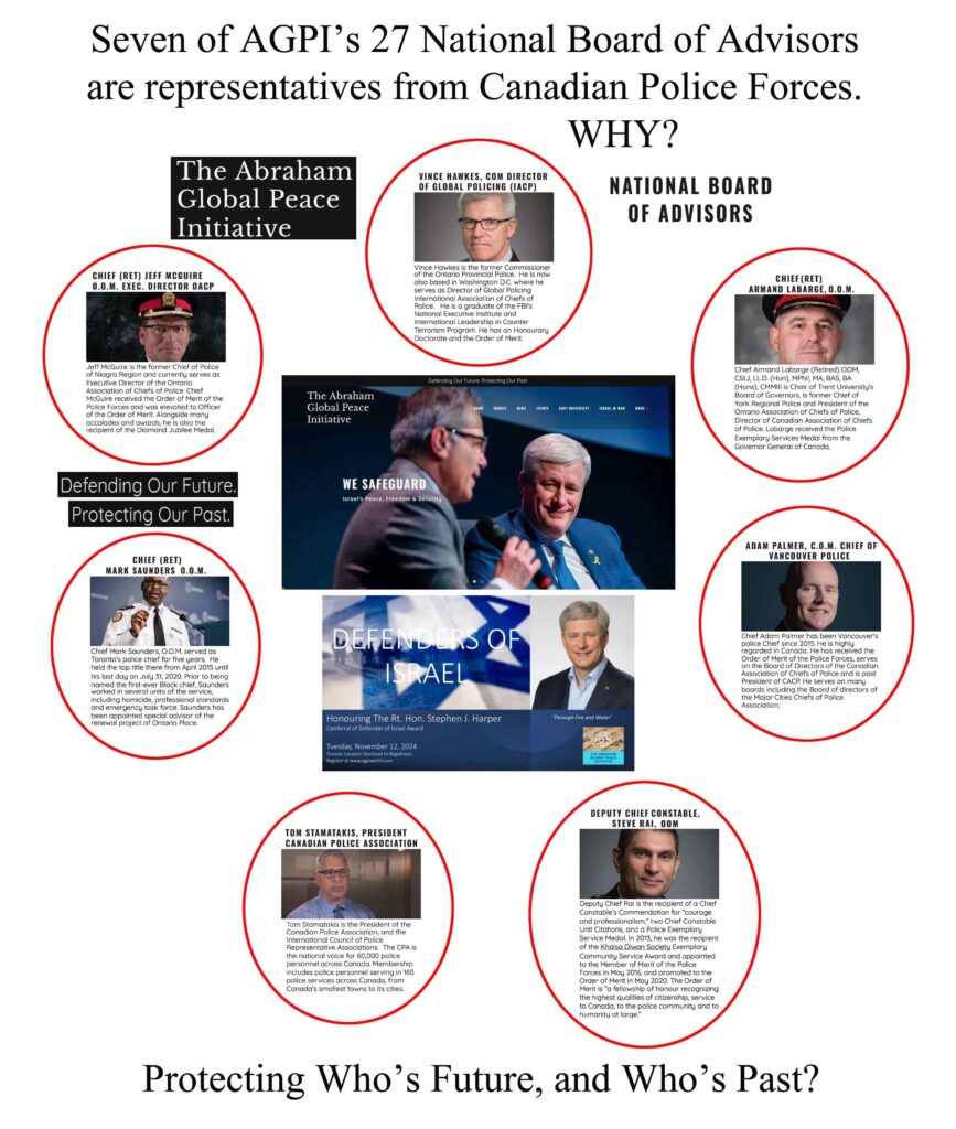 Image by Will Koop of The Police Board, Protecting who's future and who's past, w Steve Harper, Irwin Cotler, defenders of Israel (genocide)