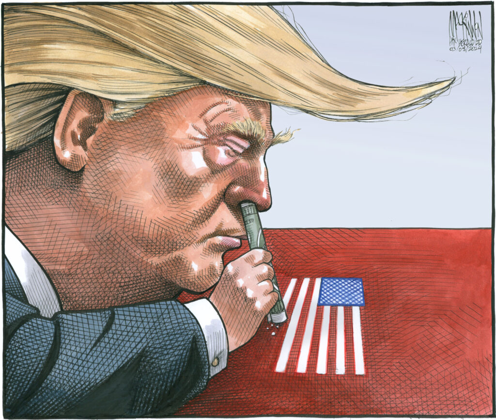 2025 cartoonist bruce mackinnon wins Satyrykon Legnica Poland Distinction Award for his trump snorting america cartoon which shows donald in a suit, with a rolled up american bill snorting up America