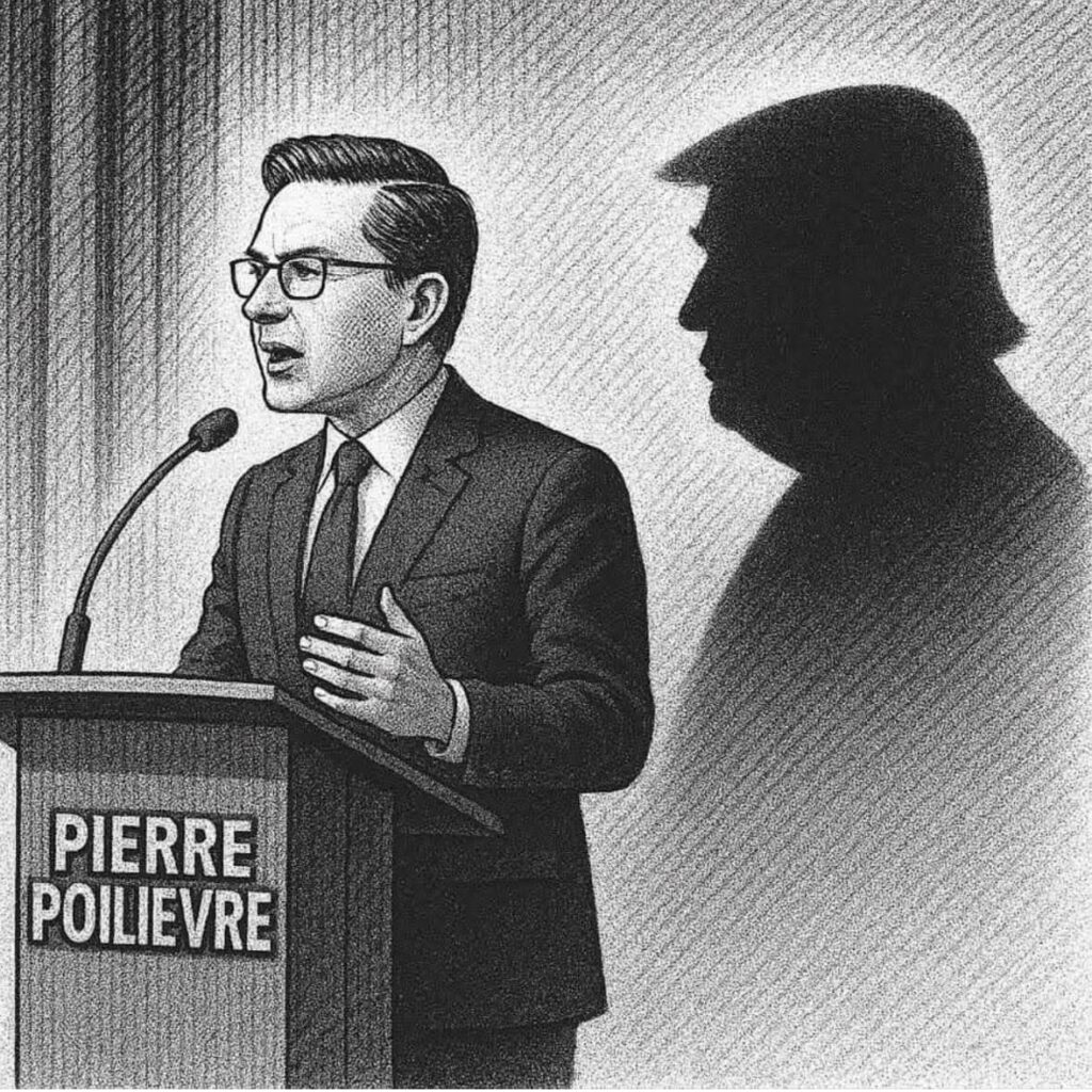 Sketch of Pierre Poilievre speaking at a lectern, shadowing Trump on the wall behind him