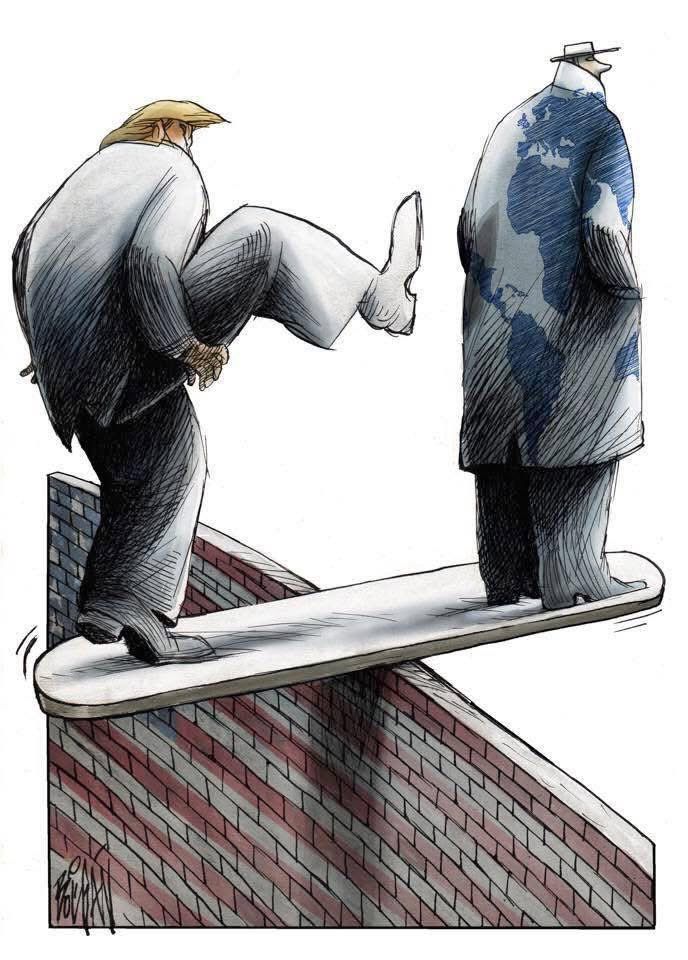 Cartoon showing trump kicking the world and himself off a balanced board over the usa, destroying all life