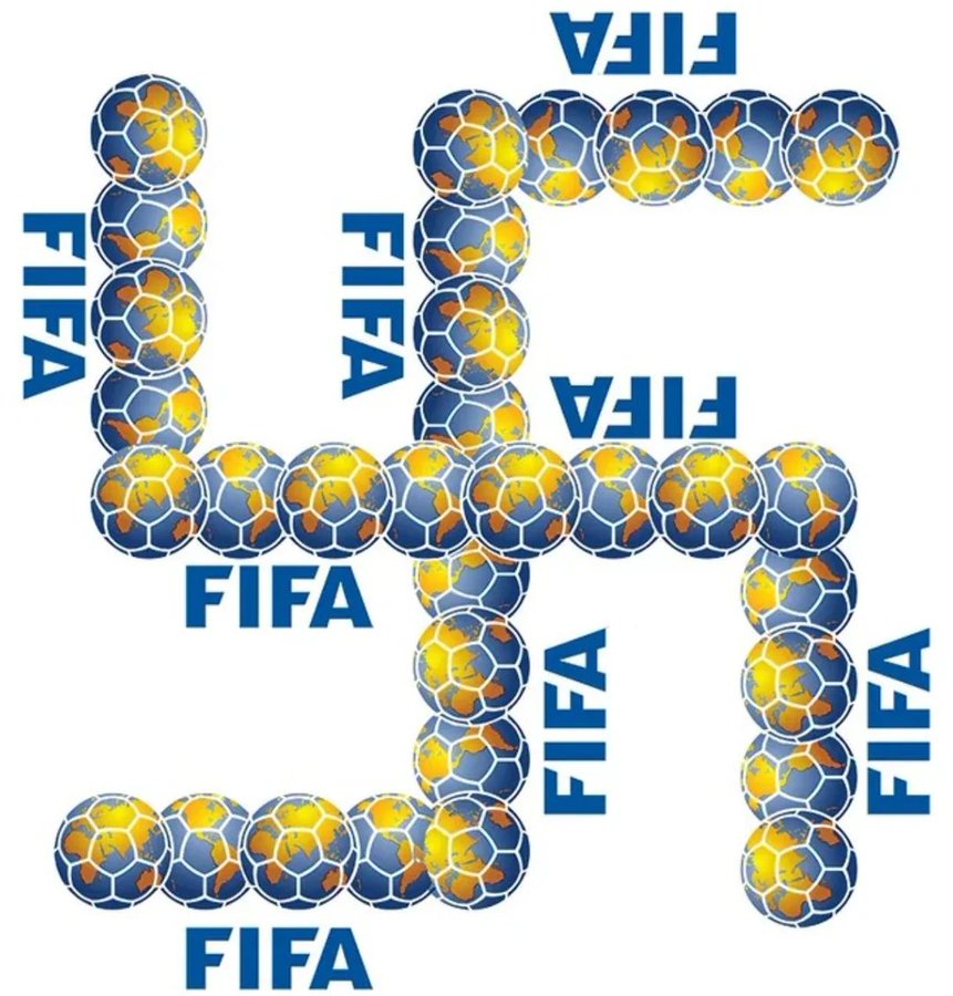A cartoon showing the Swastika in FIFAs and FIFA logos earth as footballs because Nazi FIFA will not ban genocidal Israel