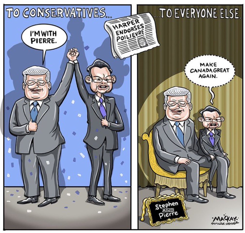 Mackay cartoon in Hamilton Spectator showing Steve Harper (worst and most hated PM Canada ever had) endorsing Pierre Poilievre on one side, on the right, showing Pierre as his puppet, chanting "Make Canada great again" copying Donald Trump's chant, "Make America great again." Is Steve Harper endorsing Pierre or Trump for Canadian PM?