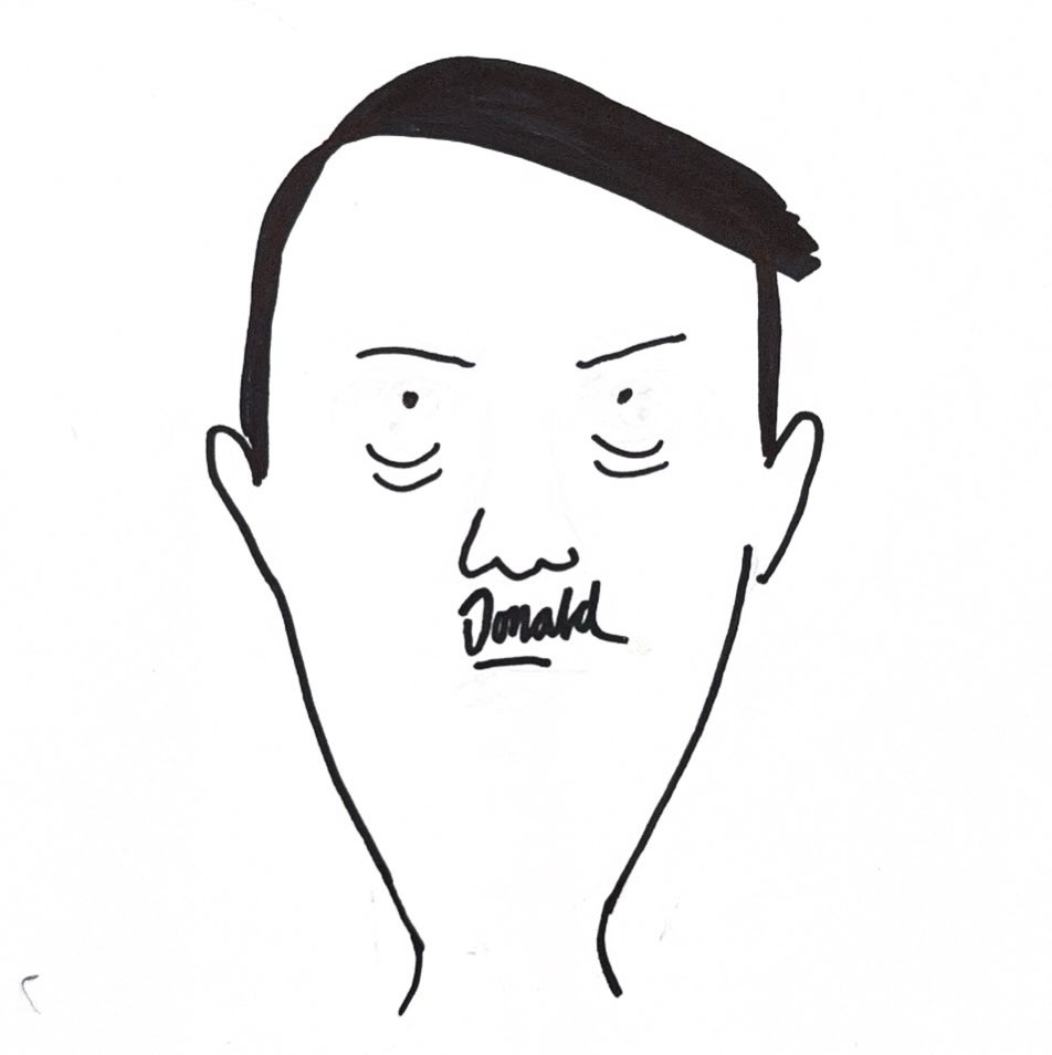 2025 Jesse Duquette cartoon of another Donald Trump doodle: Adolf Hitler with "Donald" scrawled as Hitler's moustache