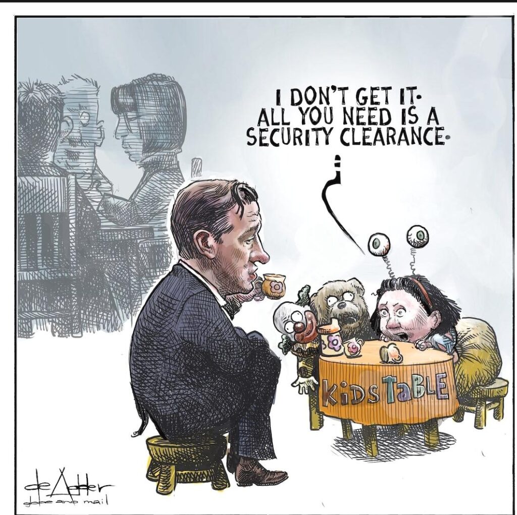 2025 Michael de Adder cartoon of extreme right CPC party leader pierre poilievre forced to eat at kids table cause refuses to get security clearance (even though CSIS found foreign interference in his leadership win)
