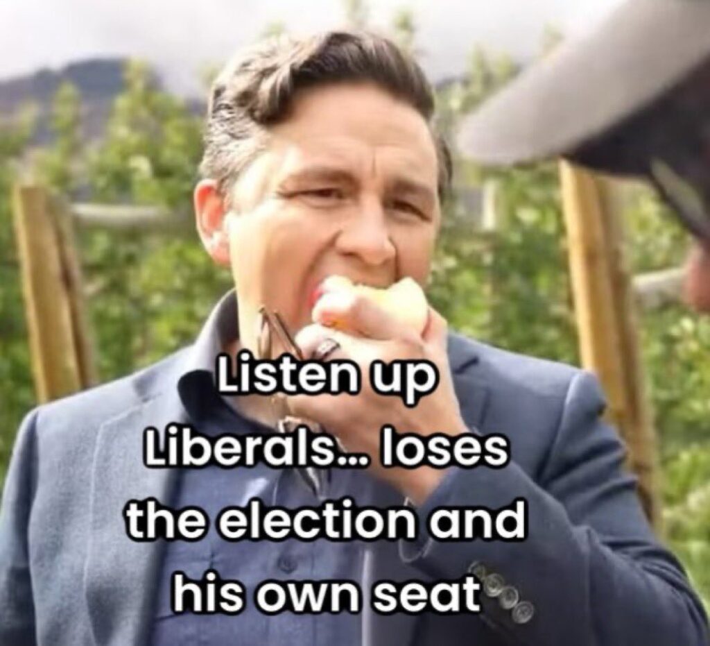 2025 Photo of Rude Pierre Poilievre with mouth full of apple being interviewed by a journalist, with text "Listen up liberals... loses the election and his own seat"
