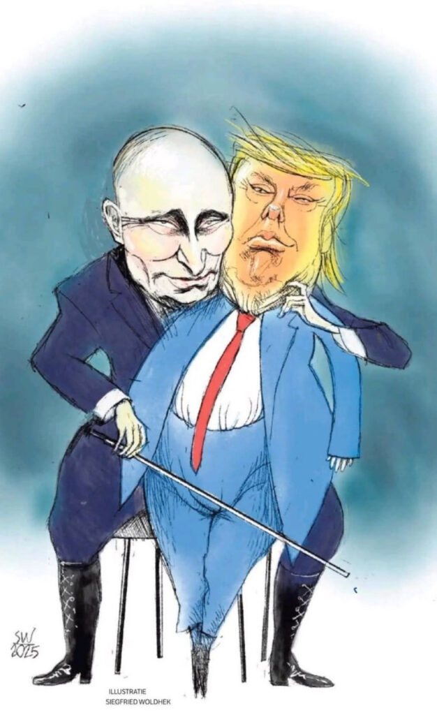 2025 Siegfried Woldhek cartoon of Putin playing Donald Trump like a cello. Putin is sitting in a chair with a sinister look on his face with blackened Satanic eyes, he is dressed in black with black knee high laced up boots. Trump is dressed in baby blue with point black boots, red tie, white shirt, with his usual badly applied too thick too bright orange make-up and orangie-blond coloured messy hair and a dead look on his face.