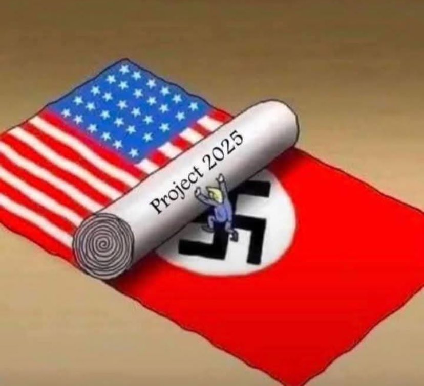 Cartoon showing USA project 2025 rolling up USA flag to release swastika on white circle on bright red flag