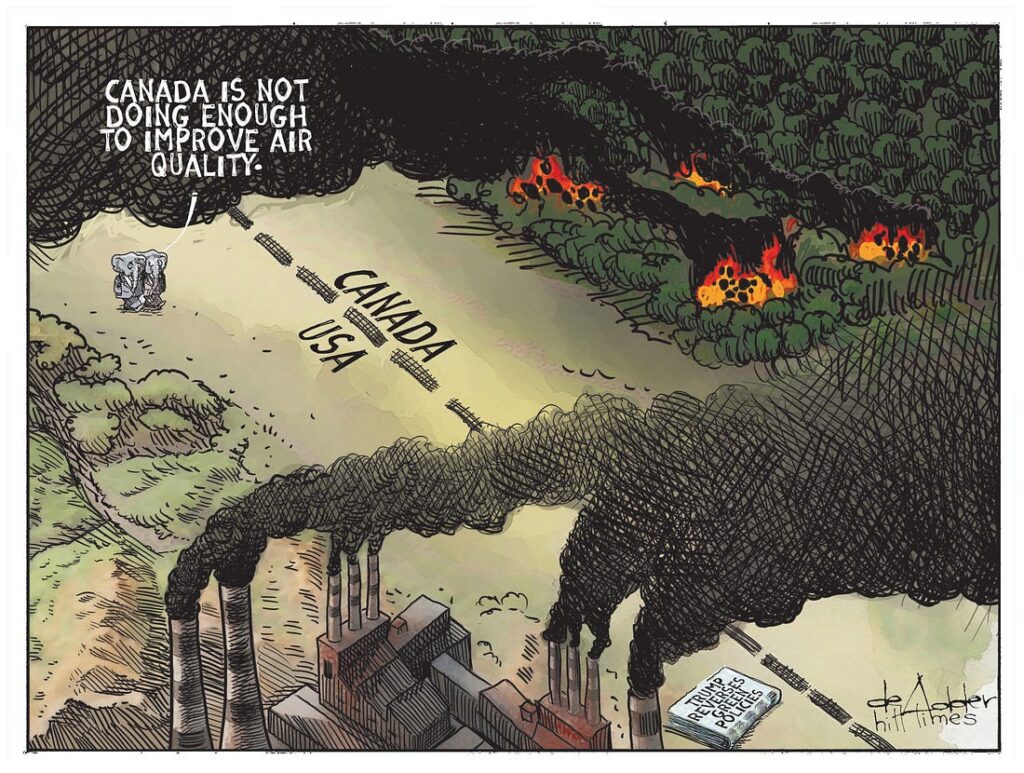 2026 07 17 the hill times michael de adder cartoon "canada not doing enough to improve air quality" showing air in canada black from wildfire smoke blowing into USA and black pollution from american industry blowing into canada