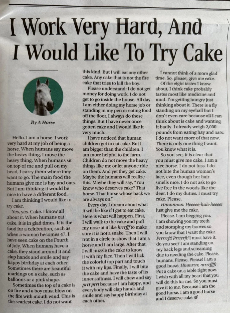 A scanned page of a piece written by a horse entitled, I work very hard And I would like to try cake
