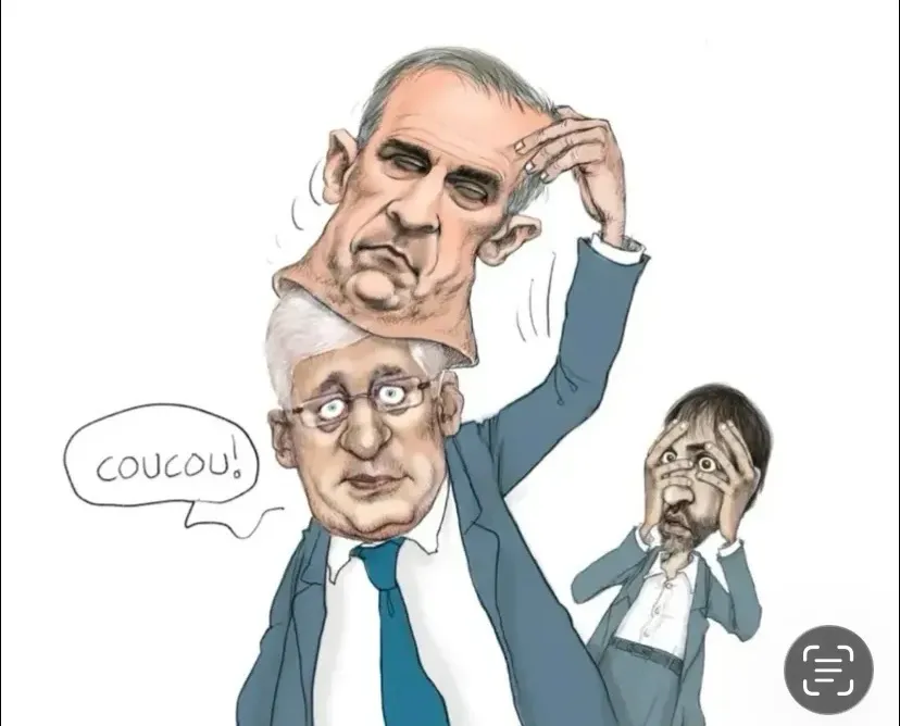Cartoon image of cruel-eyed Steve Harper pulling off his Mark Carney face mask. Behind him is Canada's ex environment minister looking on in horror