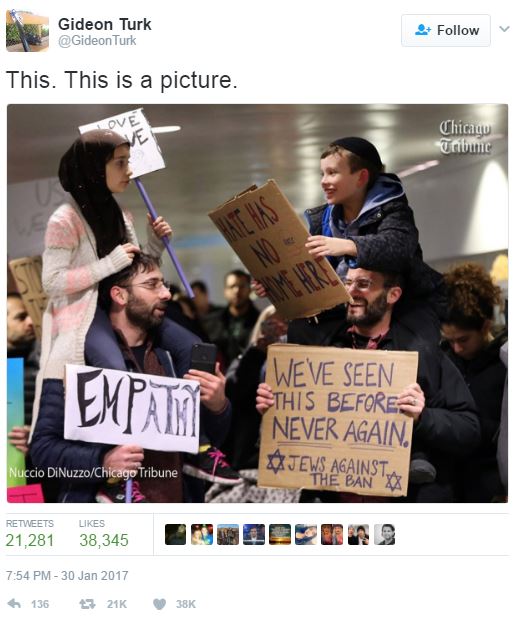 Gideon Turk Tweet, This. This is a picture. Empathy. We've seen this before. Never again. Jews against the ban.