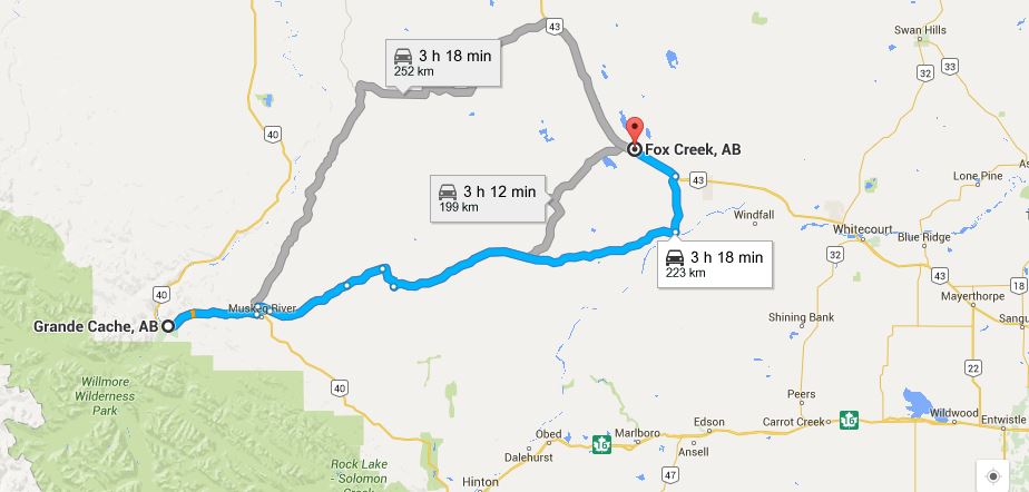 Google map Fox Creek and Grande Cache Alberta, re Conoco Phillips oil pipeline leak