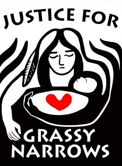 Justice for Grassy Narrows First Nation poster, showing Indigenous art of mother with child