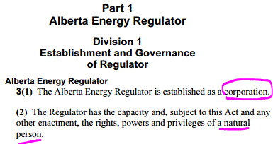 REDA, 'The Alberta Energy Regulator is established as a corporation...has the rights, powers and privileges of a natural person.'