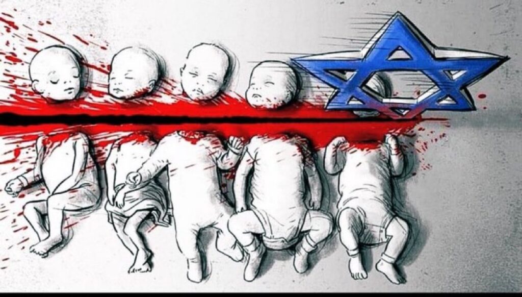 A cartoon showing five babies in black and white laying down, with the symbol of Israel in blue having beheaded them all, leaving a bright red spill of blood and black slash.