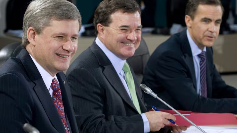 photo of steve harper, jim flaherty, mark carney, all with slimy smiles