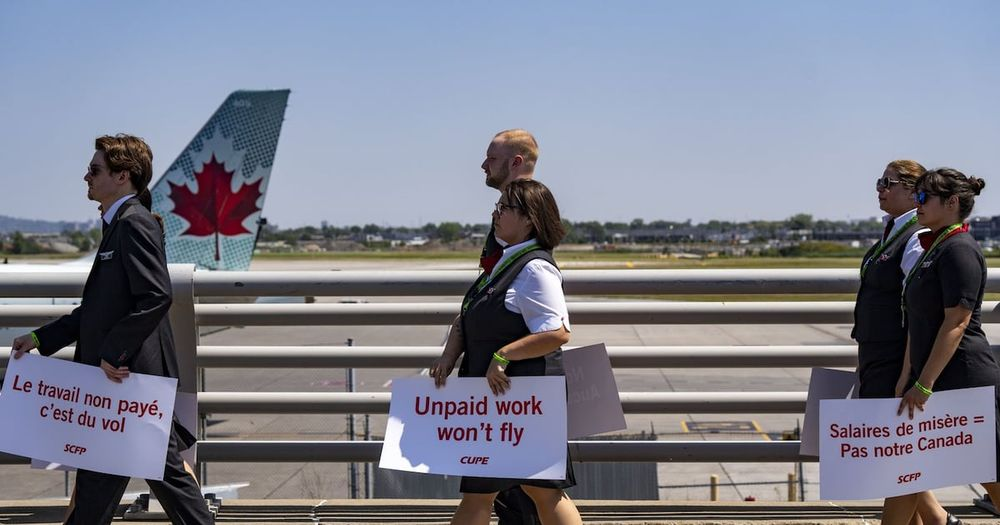 Photo of air canada 3 pairs of workers protesting being made to work for no pay, with the tail of a plane showing Maple Leaf in the background