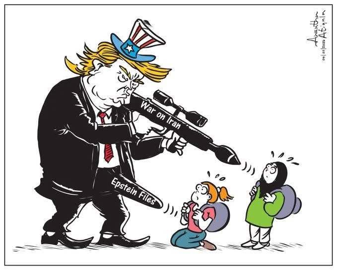 Awantha Artigala Sri Lankan cartoonist, cartoon shows trump with usa hat on, huge hard on that says epstein files pointing weapon at iranian girls