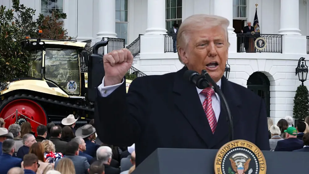 Trump in pink hair telling American farmers how rich they are