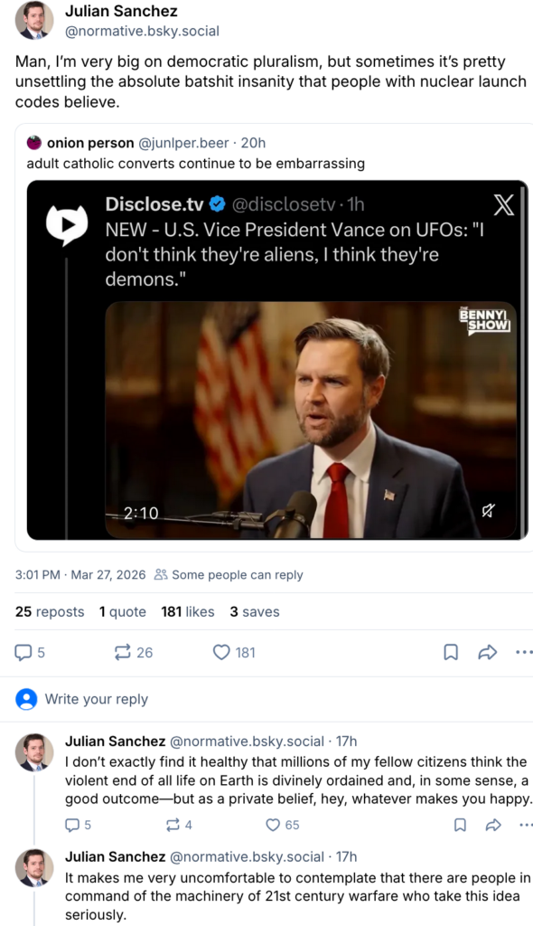 jd vance on UFOs:

"I don't think they're aliens, I think they're demons"