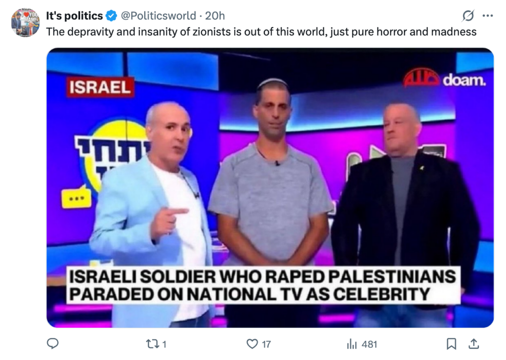 the depravity and insanity of zionists, just pure horror and madness with snap of tv news "Israeli soldier who raped Palestinians paraded on National TV as celebrity"