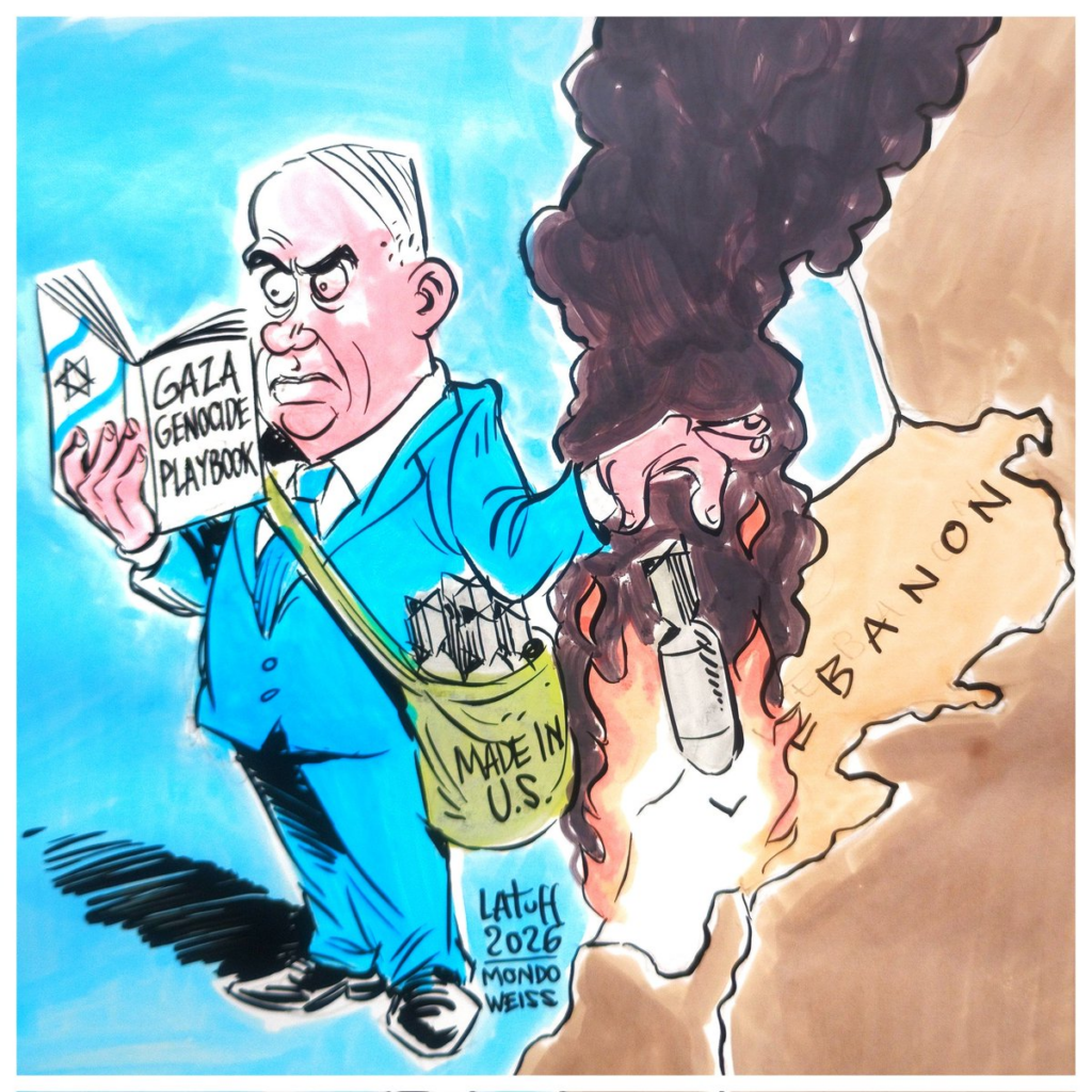 Latuff cartoon of Bibi dropping bomb on Iran with made in USA on it, as he reads a book titled "Gaza genocide playbook"