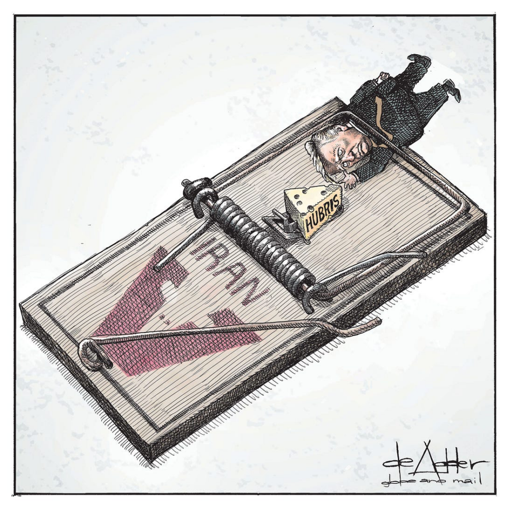 2026 michael de adder cartoon trump killed in mouse trap iran bait was hubris
