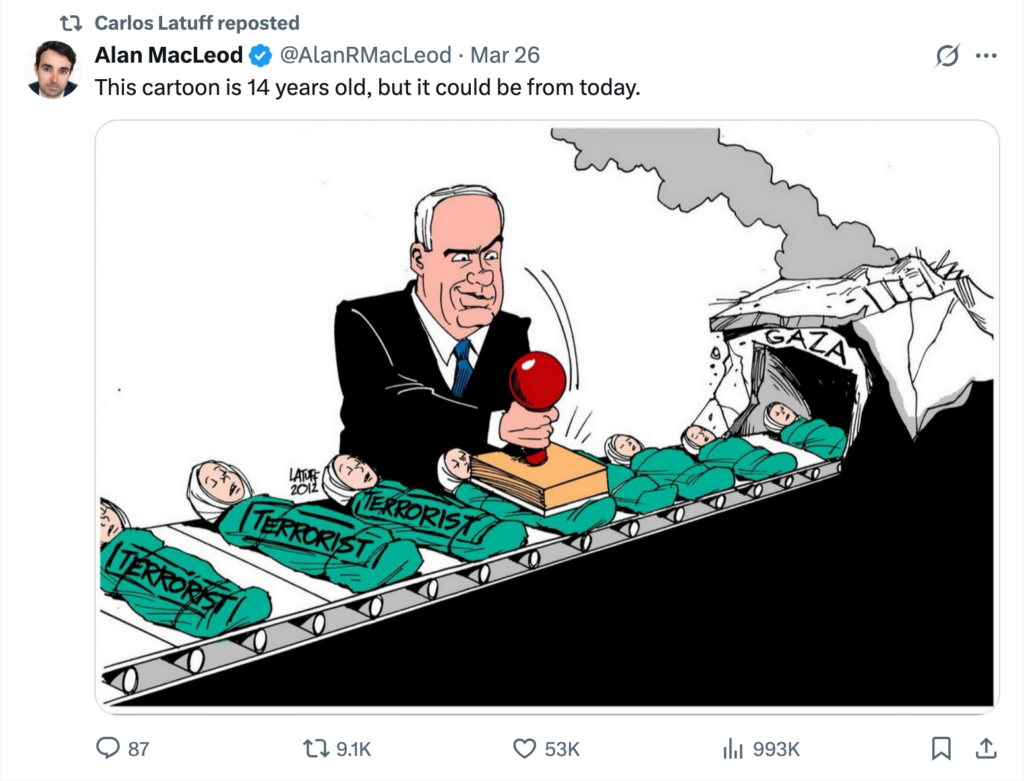 Latuff cartoon of Bibi stamping murdered children on assembly line coming out of gaza with "terrorist"