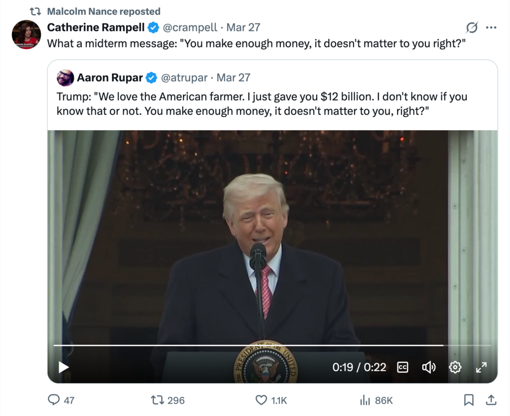 stupid pink haired trump telling farmers "we love the American farmer. I just gave you $12billion. I don't know if you know that or not. You have enough money, it doesn't matter to you, right?"