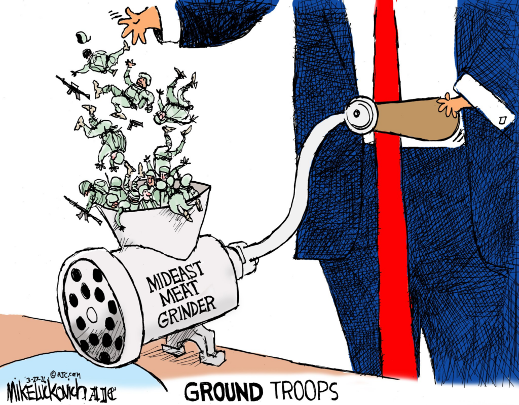 2026 mike lukovitch cartoon trump feeling american soldiers into meat grinder illegal iran war