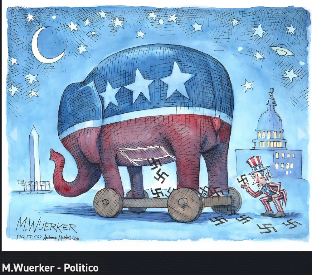 m wuerker cartoon uncle same picking up swatikas from nazi republican trojan elephant