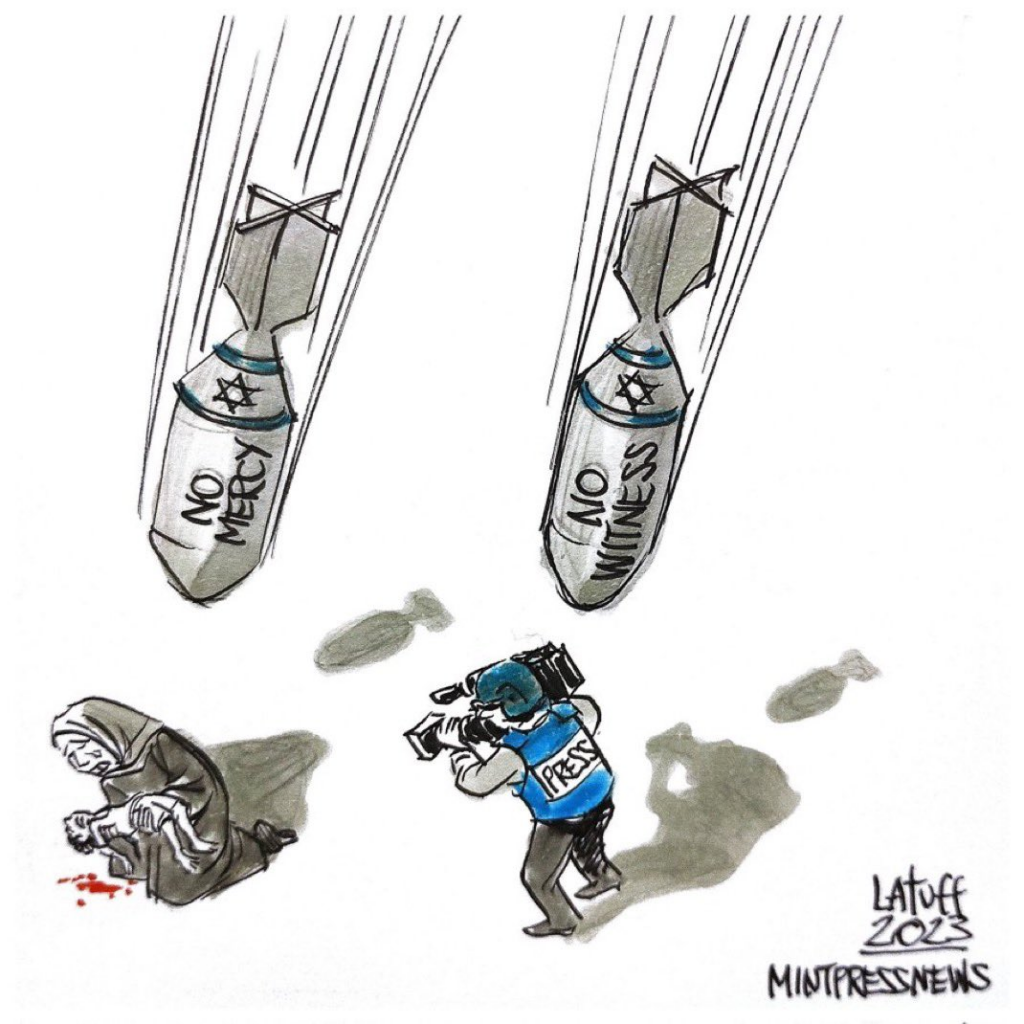 carlos latuff cartoon 2023 israel no mercy mass murdering kids no witness mass murdering journalists
