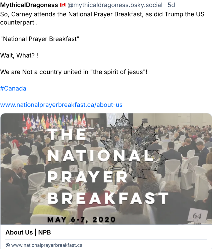 2026 Carney (much worse than Harper) attended National Prayer Breakfast rotting religion with government, traitor green party leader elizabeth May attended too