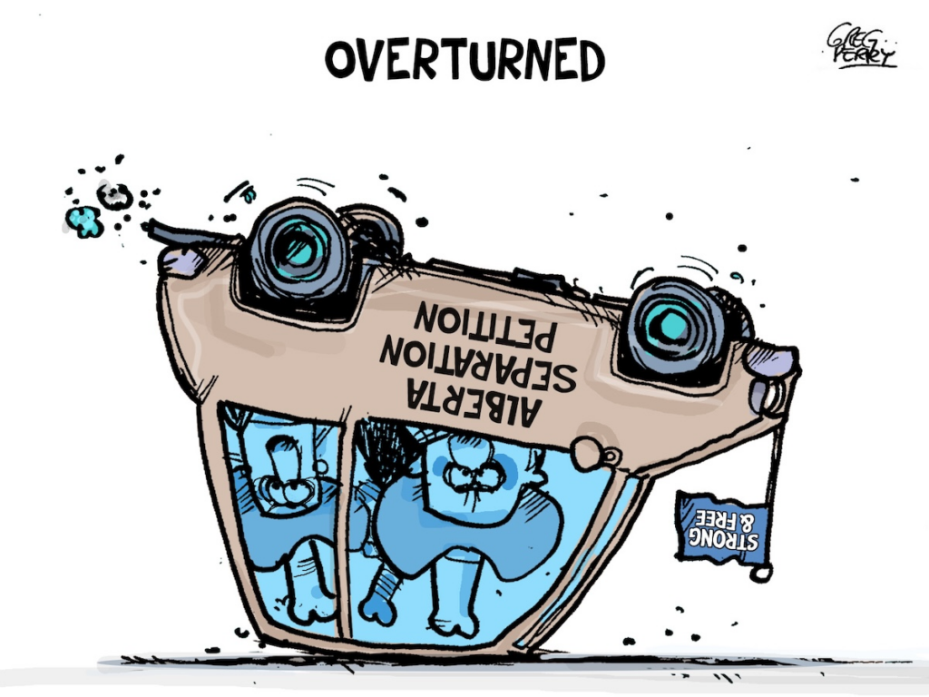 greg perry cartoon showing car on its roof with alberta separatists in huge hats inside