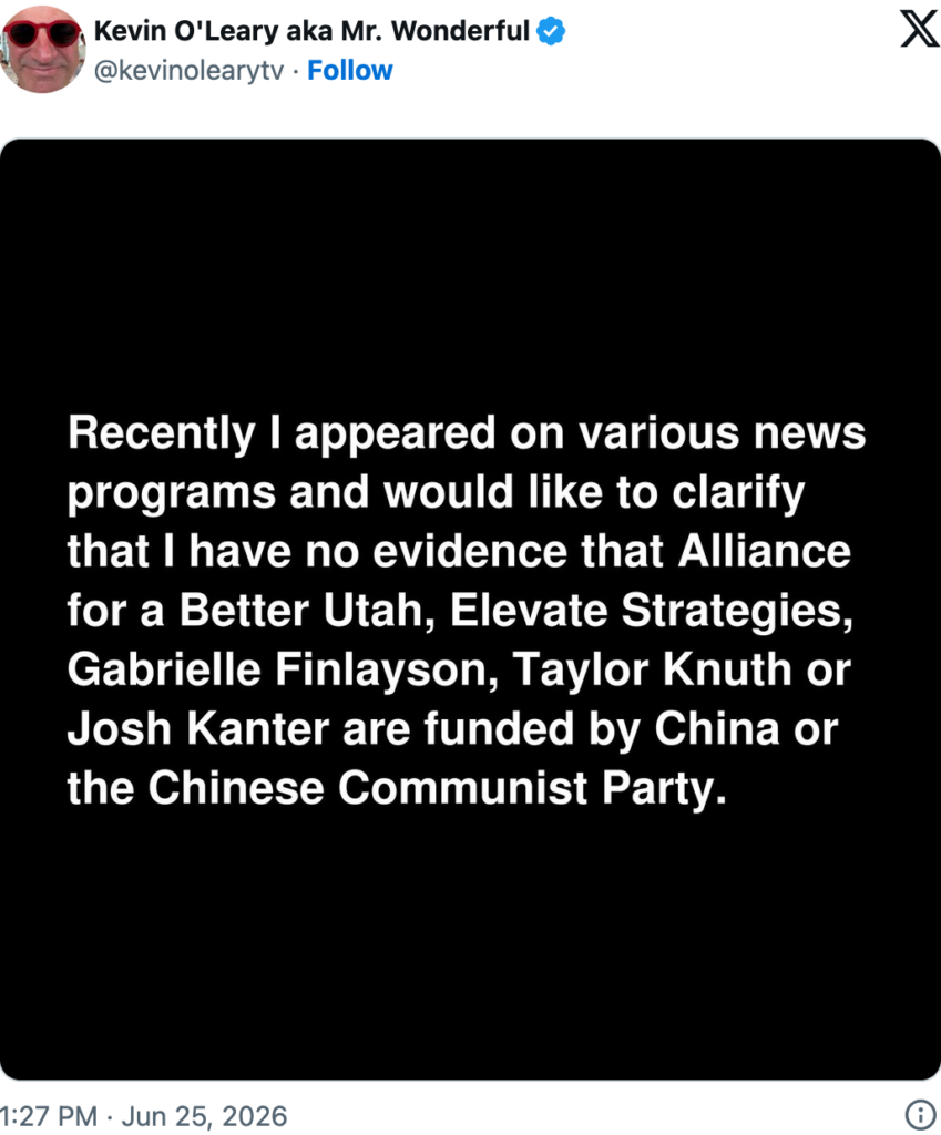 Kevin O'Leary tweet admitting he had no evidence of AI protesters being funded by Chinese Communist Party
