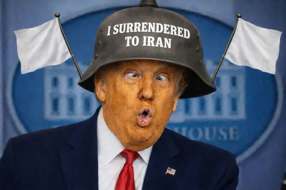 meme of Donald Trump with war helmet on with text in white "I surrendered to Iran

and two white surrender flags on sides of the helmit