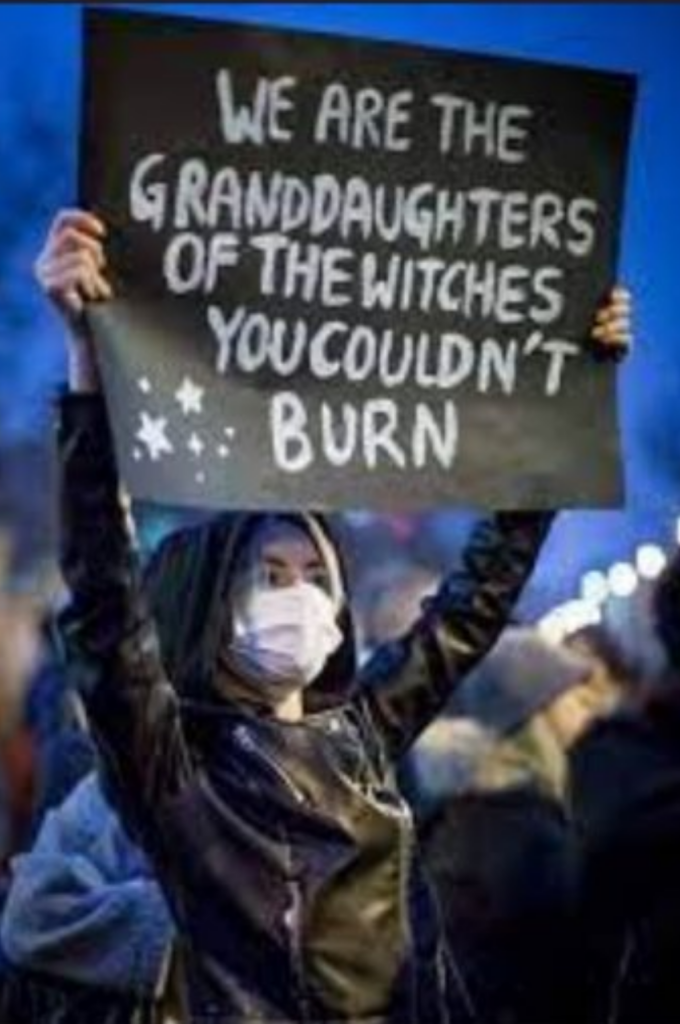protester with sign, in white lettering on black paper

"We are the granddaughters of the witches you couldn't burn."