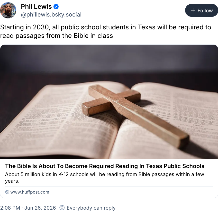 headline "the bible is about to become required reading in texas public schools."