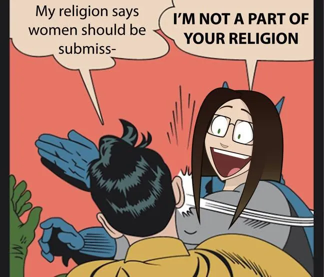 robin and bat woman cartoon, catwoman slaps robin who says "My religion says women should be submiss-" while she says "I'M NOT PART OF YOUR RELIGION"