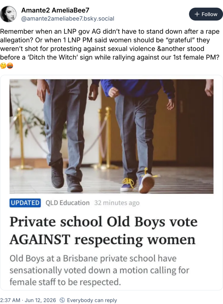 headline

"Private school Old Boys vote AGAINST respecting women. Old Boys at a Brisbane private school have sensationally voted down a motion calling for female staff to be respected."