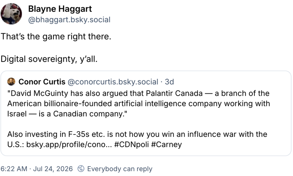 Canadian digital sovereignty, American genocidaire Palantir