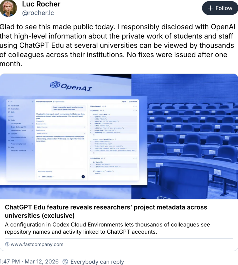 Luc Rocher tweet on OpenAI publicly exposing private work of students and staff at ChatGPT Edu at several universities. No fixes issued after one month.